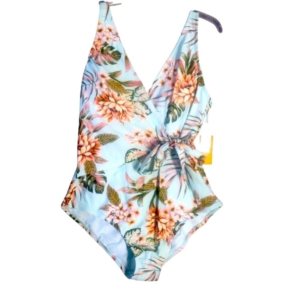 Kona Sol One Piece Blue Hawaiian Palm Floral Swimsuit NWT Size XL 16-18 - Picture 2 of 9